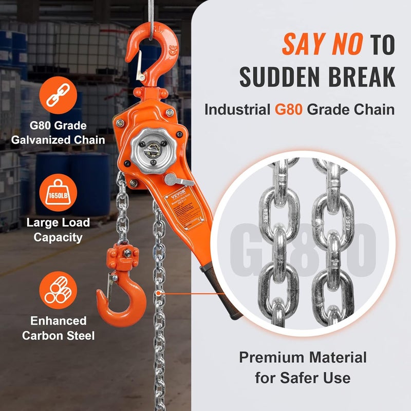 VEVOR Manual Lever Chain Hoist, 3/4 Ton 1650 lbs Capacity 5 FT Come Along, G80 Galvanized Carbon Steel with Weston Double-Pawl Brake, Auto Chain Leading & 360° Rotation Hook, for Garage Factory Dock - Image 4